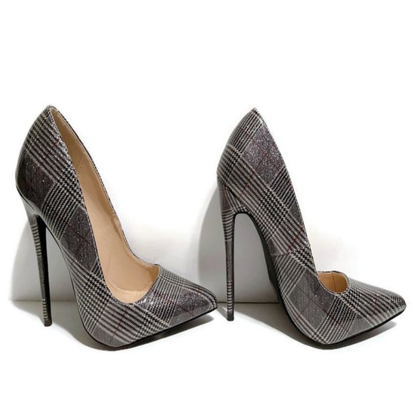 Grey Silver Black & Red Plaid Pointed Toe Pump by Fashion Nova - Picture 3 of 7